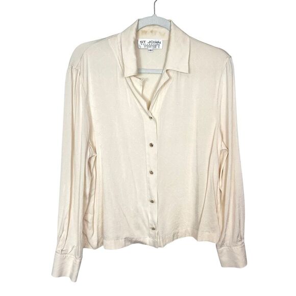 St. John Collection Silk Blouse Women 10 Cream Jacquard Button Front Long Sleeve - Picture 1 of 13